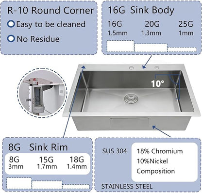 33x22 Inch Drop In Kitchen Sink, Topmount Stainless Steel Brushed Nickel Single Bowl Kitchen Sink, Extra-thick 16 Gauge For RV Laundry Utility with Dish Grid and Basket Strainer YSD013