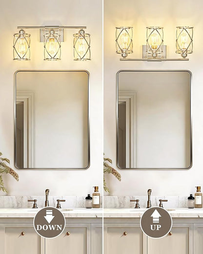3-Light Brushed Nickel Bathroom Light Fixtures, 21 Inch Modern Bathroom Vanity Lighting Fixtures Over Mirror with Clear Glass and Metal Cage Wall Sconce Lights for Bath, E26, CH9176BN-3W