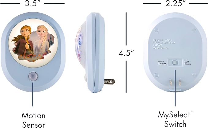 Disney Frozen II MySelect LED Night Light, Motion Sensor, Dusk-to-Dawn | Featuring Anna and Elsa, Ideal for Girls' Bedrooms, Nurseries, or Bathrooms – 44473