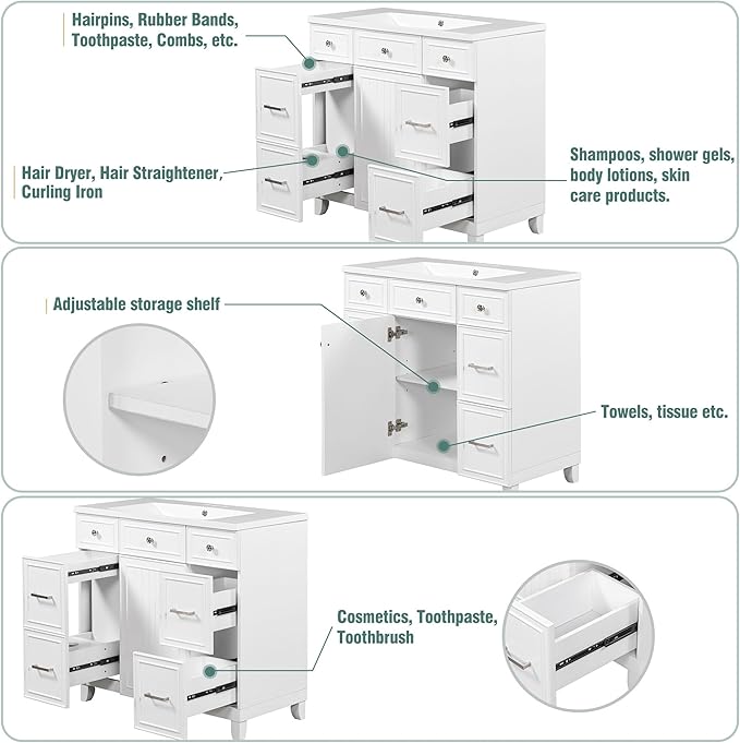 LUMISOL 36" Bathroom Vanity with Sink Top, Modern Bathroom Vanity with 3 Drawers & Cabinet, Solid Wood Bathroom Cabinet with Undermount Basin, White