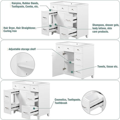 LUMISOL 36" Bathroom Vanity with Sink Top, Modern Bathroom Vanity with 3 Drawers & Cabinet, Solid Wood Bathroom Cabinet with Undermount Basin, White