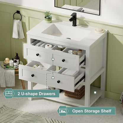 30 Inch Bathroom Vanity with Sink, White | Farmhouse Storage Cabinet with SMC Integrated Sink, Drawers & Open Storage Shelf, Easy Assembly & Adjustable Feet