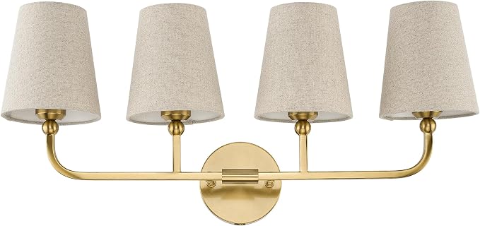 4-Light Brushed Gold Bathroom Vanity Light, Brown Linen Fabric Shade | 28 Inch gold bathroom light fixture over mirror, UL listed, E26 bulbs, hardwired, upward only, VL837-BG-L-4