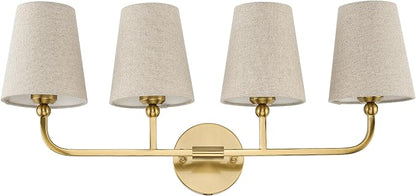 4-Light Brushed Gold Bathroom Vanity Light, Brown Linen Fabric Shade | 28 Inch gold bathroom light fixture over mirror, UL listed, E26 bulbs, hardwired, upward only, VL837-BG-L-4