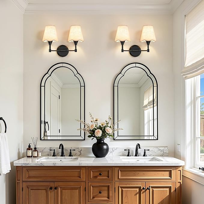 Black Bathroom Vanity Light Fixtures: Matte Black Vanity Lights Over Mirror with Flared Fabric Shade, Modern Bathroom Lighting Fixtures, 2 Light Wall Sconces Lighting for Bedroom Hallway Living Room