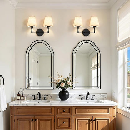 Black Bathroom Vanity Light Fixtures: Matte Black Vanity Lights Over Mirror with Flared Fabric Shade, Modern Bathroom Lighting Fixtures, 2 Light Wall Sconces Lighting for Bedroom Hallway Living Room