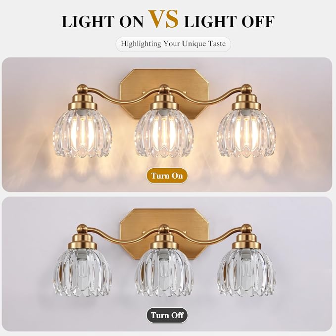 Bathroom Vanity Light, Gold Vintage Tulip Glass Shade, Antique Brass Finish | 3 Light Brushed Gold Bathroom Light Fixtures, Crystal Wall Sconce, Mounted Over Mirror for Bedroom Hallway, Easy to Install