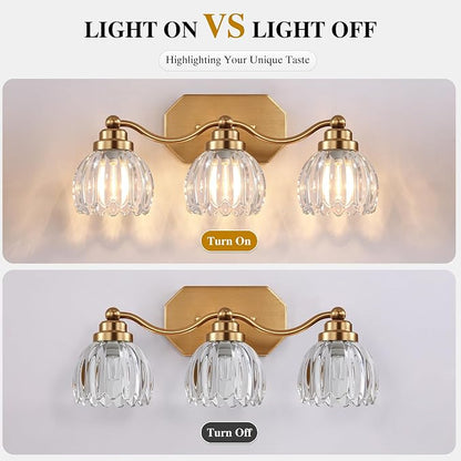 Bathroom Vanity Light, Gold Vintage Tulip Glass Shade, Antique Brass Finish | 3 Light Brushed Gold Bathroom Light Fixtures, Crystal Wall Sconce, Mounted Over Mirror for Bedroom Hallway, Easy to Install