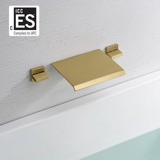SUMERAIN Waterfall Tub Faucet Wall Mount Bathtub Faucet with Valve Brushed Gold Tub Filler 3 Hole, High Flow