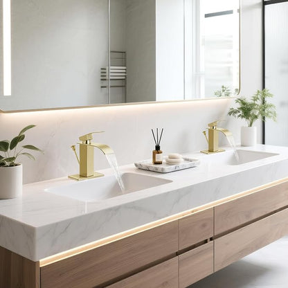 Brush Gold Bathroom Faucet with Waterfall Spout and Lift Rod Drain | SUS 304 Stainless Steel, Single Handle, 1 Or 3 Hole Sink, RV Vanity, Deck Plate, Supply Hoses, NSF372 NSF61 cUPC