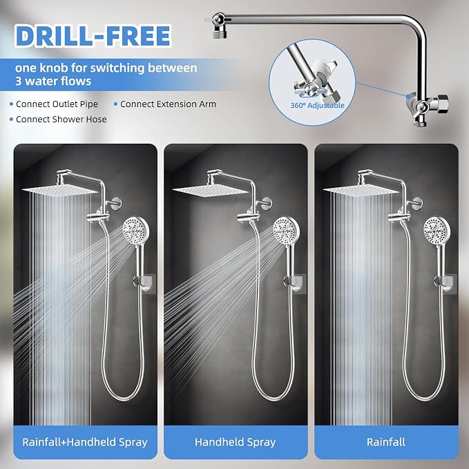 8" Metal Rainfall Shower Head with 10-Mode Handheld, Chrome | NSF/ANSI/CAN 372 Certified, High Pressure Showerhead Combo with 11" Adjustable Shower Arm, 71" Hose, Shower Head Holder