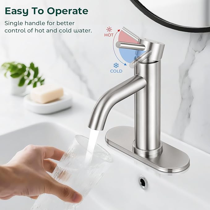 Brushed Nickel Bathroom Faucets, Modern Bathroom Sink Faucet Single Handle Bathroom Faucet for 1 or 3 Hole, Mixer Tap Vanity Faucet with Deck Plate, Pop-up Drain and Supply Hoses