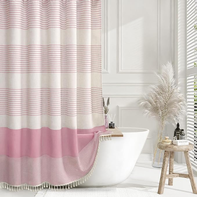 Pink Boho Linen Striped Shower Curtain with Tassel 72" W X 72" L | Boho Farmhouse Shower Curtains with Linen Texture for Bathroom Decor