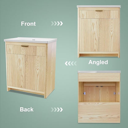 32 Inch Bathroom Vanity with Sink, Bathroom Vanity Cabinet with Single Sink, Bath Vanities with 2 Doors and 1 Flip Drawer, Natural Oak (19" D x 32" W x 36" H)