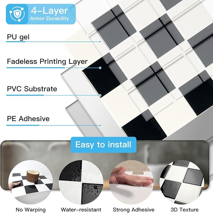 Art3d Grid Peel and Stick Backsplash, 10-Pack, 12 x 12 in, Black & White | Enhanced Thickness, Strong Adhesion, Moisture Resistant, Long-Lasting, Minimalist Look, DIY Friendly, for Kitchen Countertops
