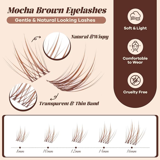 B&Q Brown Lash Clusters Kit Natural Mochalash Clusters 06, Wispy Eyelash Clusters Kit C-Curl Cluster Eyelash Extensions 8-16mm Brown Lash Eyelashes Kit for Fair/Dark Hair(Mochalash 06 Set)