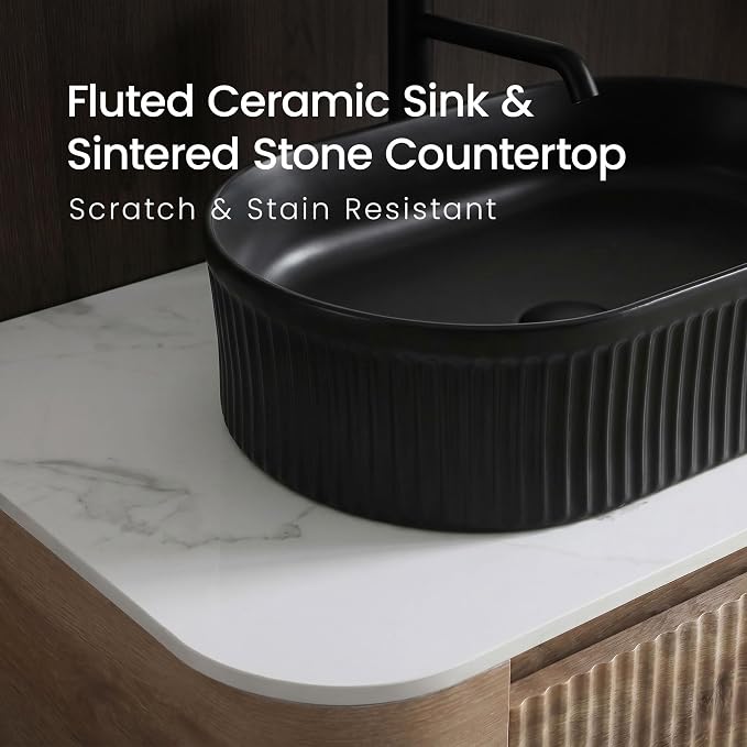 30" Preassembled Floating Bathroom Vanity with Black Sink, Oak | Mid-Century Modern Style, Fluted & Soft-Close Drawer with U-shaped Wall, Sinterted Stone Countertop, Towel Rack Included