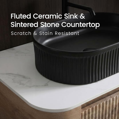 30" Preassembled Floating Bathroom Vanity with Black Sink, Oak | Mid-Century Modern Style, Fluted & Soft-Close Drawer with U-shaped Wall, Sinterted Stone Countertop, Towel Rack Included
