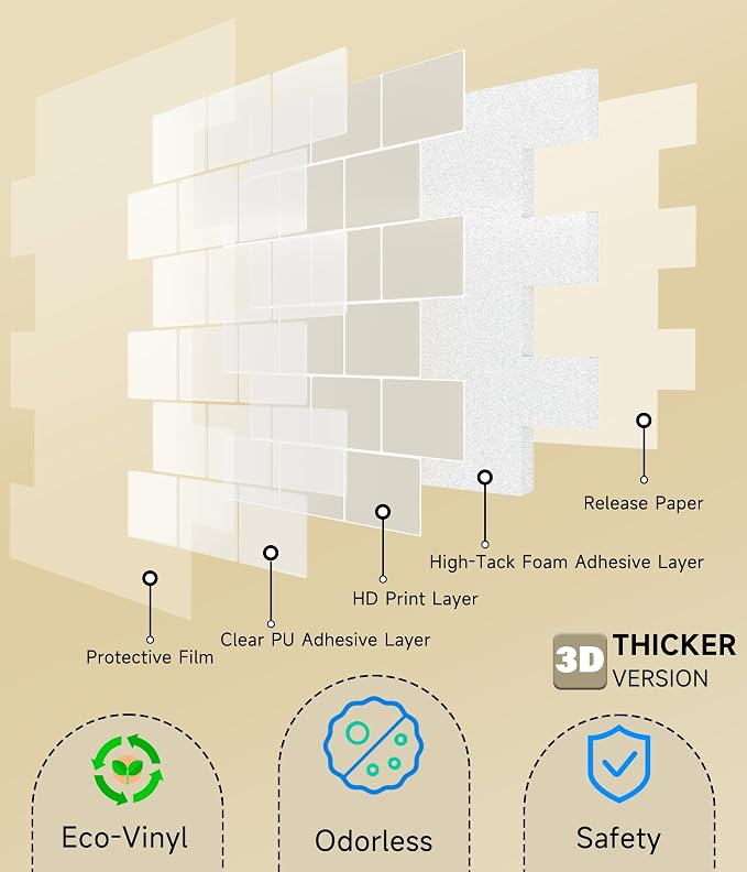 Peel and Stick Backsplash for Kitchen: Self Adhesive Wall Tiles for Bathroom - Vinyl Thick Back Splash Tile (10, Light Coffee)
