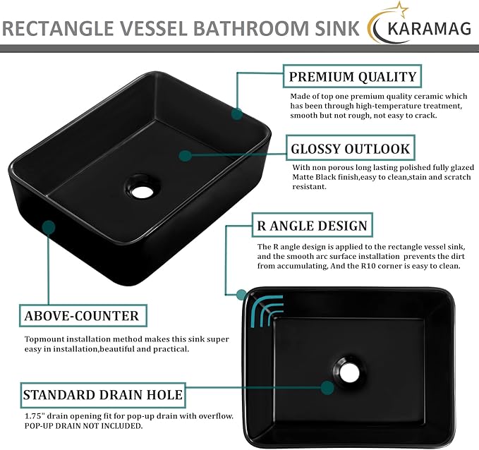 Black Vessel Sink,Rectangle 19"x15" Bathroom Sink Above Counter Porcelain Ceramic Small Sink Bowl Ceramic Vessel Sinks for Bathrooms