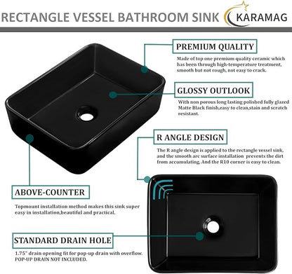 Black Vessel Sink,Rectangle 19"x15" Bathroom Sink Above Counter Porcelain Ceramic Small Sink Bowl Ceramic Vessel Sinks for Bathrooms