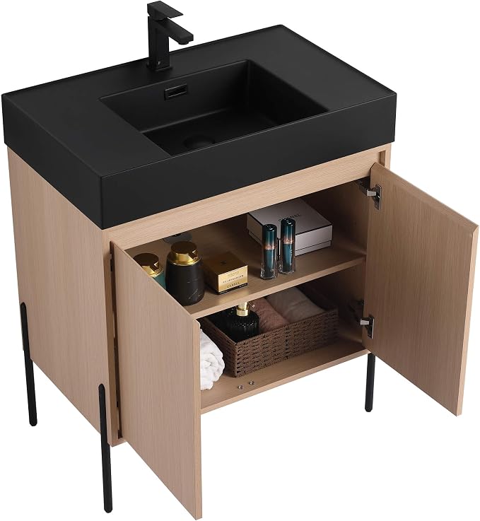 Crownpoint 30 Inch Bathroom Vanity with Sink, Black Sink, White Oak Finish, Full Assembly Required, Elegant Bathroom Vanities for Modern Homes
