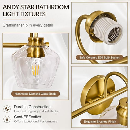 Brushed Gold Vanity Light, 2 Light Bathroom Light Fixtures with Clear Diamond-Shape Hammered Glass, Brass Vintage Ripple Wall Lights for Hallway, Bedroom, Anti-Rust, E26 Base (No Bulbs)