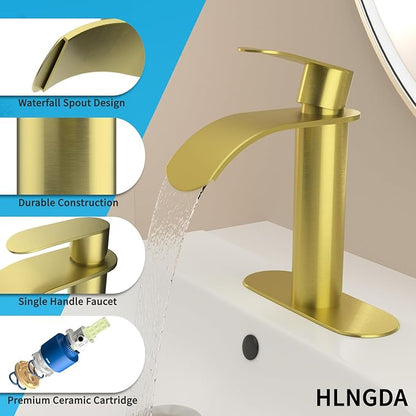 Vessel Sink Faucet,1 Hole Single Handle Tall Bathroom Vanity Faucets,Faucet for Bathroom Sink Modern Utility with Metal Pop Up Drain,Rv Lavatory Faucet Basin Mix Tap Solid Brass,Brushed Gold