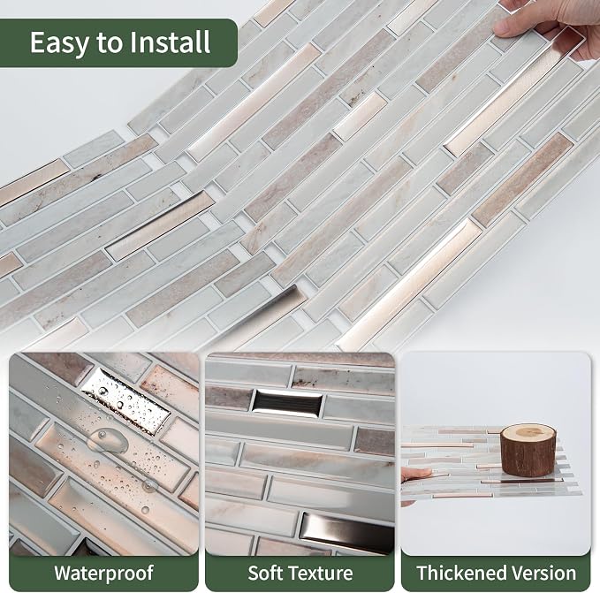 LONGKING 10-Sheet Extra Thick Peel and Stick Backsplash Tiles, Waterproof Kitchen Backsplash Peel and Stick Tile, Self-Adhesive Backsplash for Kitchen, Khaki | Peel and stick backsplash, self-adhesive wall tile, Khaki, extra thick, waterproof, kitchen ...
