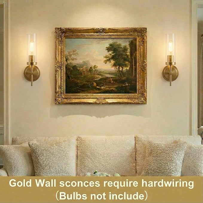 Hardwired Gold Wall Sconce Set of Two Bathroom Sconces Vanity Light | Modern Brushed Gold Vanity Light for Bathroom Mirror Living Room Bedroom Hallway Stairs