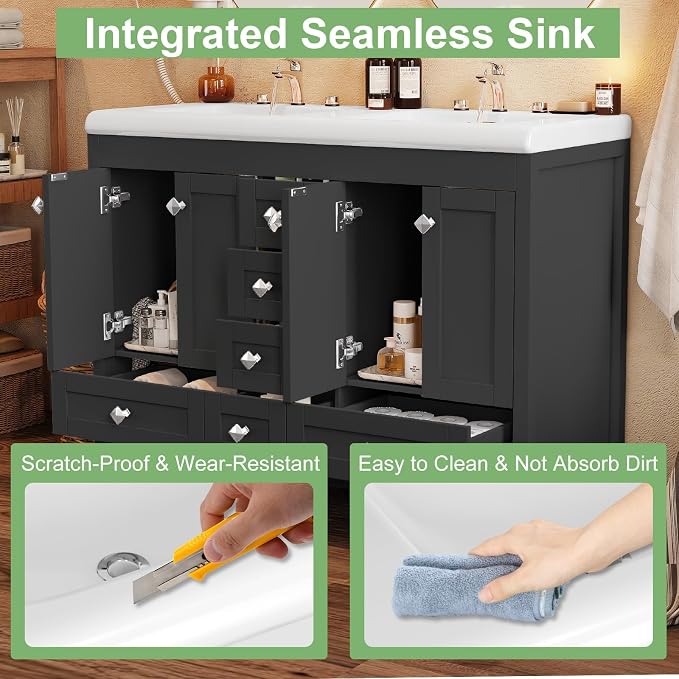 48" Bathroom Vanity with Sink, Large Space Bathroom Double Sink with 2 Door & 6 Drawer, Vanity Sinks for Bathrooms, Black, 47.3" × 19.7" × 35.5"