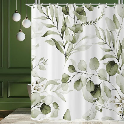 Olive Green Shower Curtain, Watercolor Eucalyptus Leaves Botanical Plants with Floral Bathroom Curtain Home Bathtub Decor Waterproof Fabric Machine Washable with 12 Hooks,72" Wx72 L