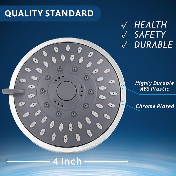 Voolan High Pressure Shower Head - 4 Inch Rain Showerhead - High Flow Bathroom Shower with 5 Spray Settings For a Luxury Showering Experience Even with Low Water Pressure (Chrome)