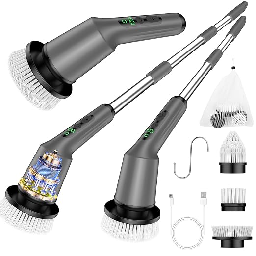 Electric Spin Scrubber for Bathroom, Shower Scrubber with Long Handle | Shower Cleaner Brushes, IPX7 Waterproof & 2 Speed, 3 Brush Heads, 90min Runtime, Bathroom Cleaning Supplies for Toilet Tub