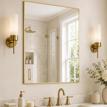 30"x36" Brushed Gold Framed Rectangle Bathroom Vanity Wall Mirror | Over-Sink Vanity Mirror, Slim Metal Frame, Entryway or Dresser Use, Vertical/Horizontal Mount, Tempered Glass