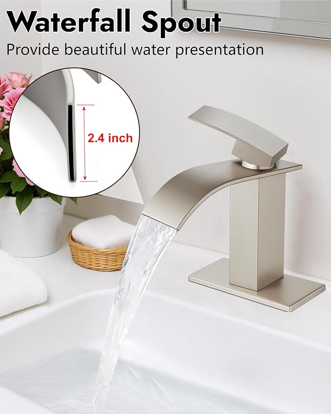 Midanya Waterfall Spout Bathroom Faucet Single Handle 1 Hole Bathroom Sink Faucet,Modern RV Lavatory Vanity Basin Tap with Water Hose,No Drain,Short Body,Brushed Nickel