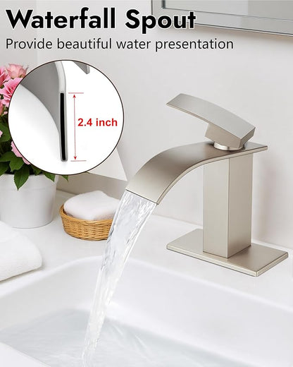 Midanya Waterfall Spout Bathroom Faucet Single Handle 1 Hole Bathroom Sink Faucet,Modern RV Lavatory Vanity Basin Tap with Water Hose,No Drain,Short Body,Brushed Nickel