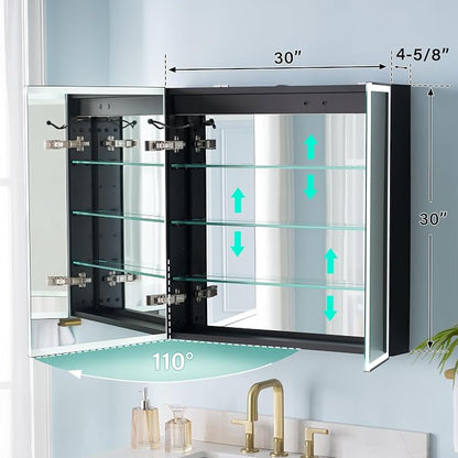 30" X 30" LED Mirrored Medicine Cabinet, Bathroom Medicine Cabinets with Lights for Bathroom, Defogging Function Mirror Cabinet, Medicine Cabinet with USB Port & Outlet, Double Doors