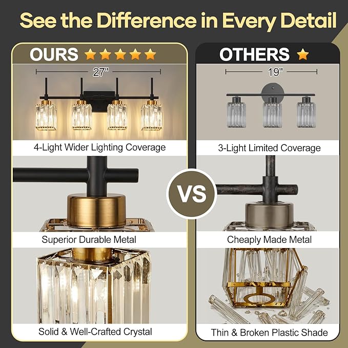 Torondo Modern Crystal Bathroom Vanity Light 4-Lights Gold Bathroom Light Fixtures Over Mirror Black and Gold Vanity Lighting Fixtures Gold Square Shade Brass Wall Sconce (Bulbs Not Include)