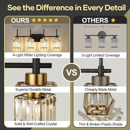 Torondo Modern Crystal Bathroom Vanity Light 4-Lights Gold Bathroom Light Fixtures Over Mirror Black and Gold Vanity Lighting Fixtures Gold Square Shade Brass Wall Sconce (Bulbs Not Include)