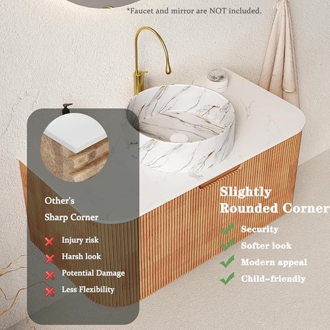60'' Bathroom Vanities Cabinet with Sink, Wall Mounted Floating Cabinet W/Curved Edges Stripes, Oak Plywood, Soft-close System with 2 Drawer & 2 White Round Ceramic Basin - Kiel, Natural Wood/S