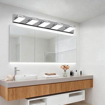 LED Modern Bathroom Vanity Light Fixtures, 5-Light 34-inch Dimmable Chrome Vanity Lights for Bathroom Lighting Fixtures Over Mirror, with 350° Rotatable Heads (Cool White 6000K)