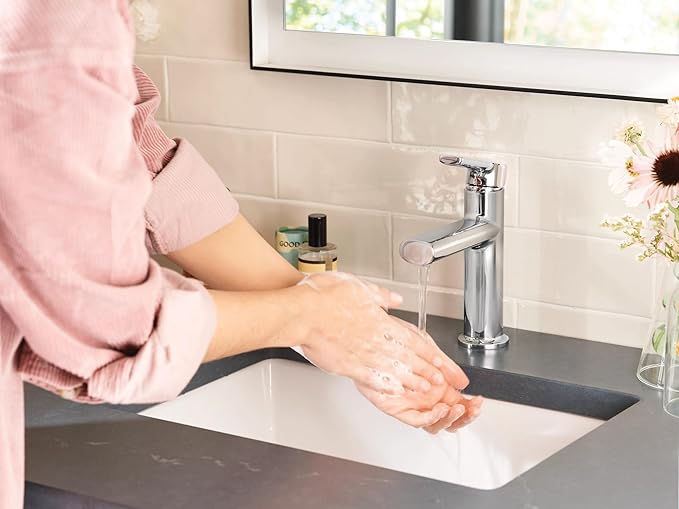 Moen Meena Chrome One-Handle Single Hole Modern Bathroom Sink Faucet with Optional Deckplate and Drain Assembly, 84794