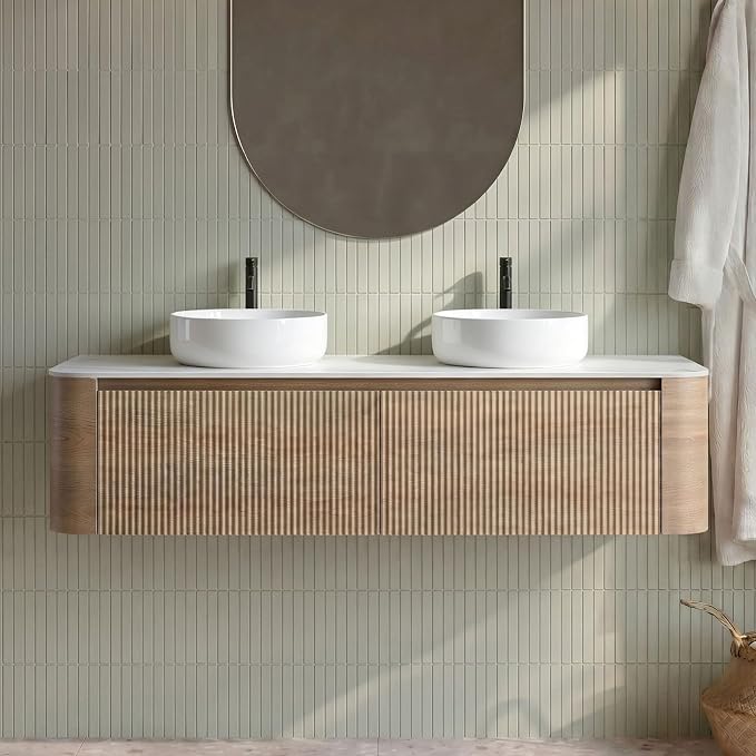 72" Preassembled Double Floating Bathroom Vanity with Round Sink, Oak | Mid-Century Modern Style, Fluted & Soft-Close Drawer with U-shaped Wall, Sinterted Stone Countertop, Towel Rack Included