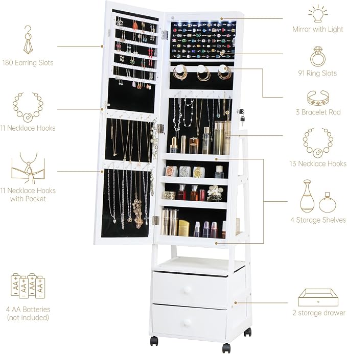 Jewelry Armoire Cabinet Organizer Standing with 20 LED Lights | Lockable Full Length Mirror with Storage Shelves and 2 Drawers (White) Adjustable Tilt Angles Gift for Her