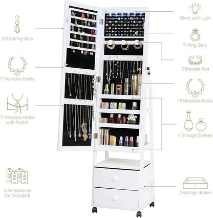Jewelry Armoire Cabinet Organizer Standing with 20 LED Lights | Lockable Full Length Mirror with Storage Shelves and 2 Drawers (White) Adjustable Tilt Angles Gift for Her