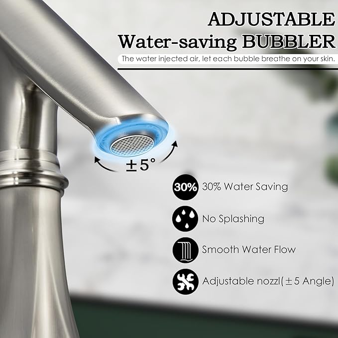 Bathroom Faucets for Sink 3 Hole, 8 Inch Widespread Bathroom Faucet Brushed Nickel, Solid Brass Modern Vanity Faucet with Adjustable Spout 2 Handles and Supply Hoses