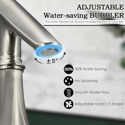 Bathroom Faucets for Sink 3 Hole, 8 Inch Widespread Bathroom Faucet Brushed Nickel, Solid Brass Modern Vanity Faucet with Adjustable Spout 2 Handles and Supply Hoses