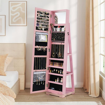 GOFLAME 360° Rotating Jewelry Armoire, Lockable Jewelry Cabinet with Full-Length Mirror & Inner Makeup Mirror, Standing Jewelry Storage Organizer with Rear Storage Shelves, Pink