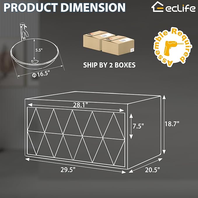 eclife 30" Floating Bathroom Vanities with Sink Combo, Wall Mounted Modern Cabinet W/Diamond Line Pattern Design, Brown Round Glass Vessel Sink W/Water Save Faucet & Pop Up Drain, White